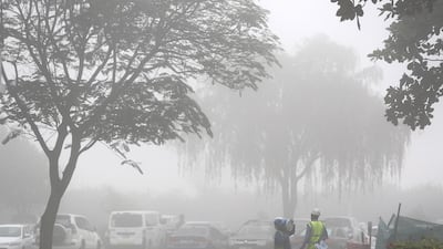 Early morning fog in Discovery Gardens area in Dubai. Pawan Singh / The National