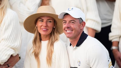 Rory McIlroy with his wife Erica Stoll on day three of the 2025 Ryder Cup at the Bethpage Black Course, Farmingdale, New York. Picture date: Sunday September 28, 2025. PA Photo. Photo credit should read: Mike Egerton/PA Wire. RESTRICTIONS: Use subject to restrictions. Editorial use only, no commercial use without prior consent from rights holder.