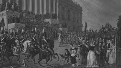 Lithograph of the Presidential inauguration of William Henry Harrison, in Washington, DC on the 4th of March 1841, Washington, DC, 1841. Getty Images