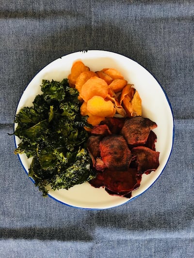 Baked sweet potato, beetroot and kale crisps. Courtesy Emily Price