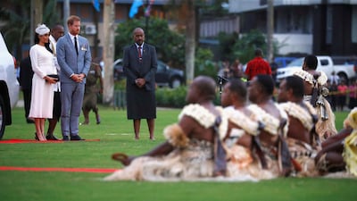 Britain’s Prince Harry and Meghan, the Duchess of Sussex attend an official welcome ceremony at Albert Park as they arrive in Suva, Fiji October 23, 2018. REUTERS/Phil Noble