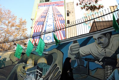 An anti-US and Israeli billboard erected after US President Donald Trump backed protests against the Iranian government in Tehran. EPA