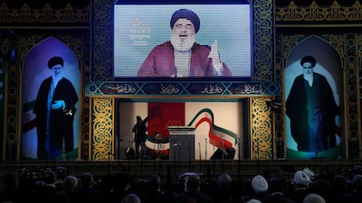 Hezbollah, whose leader Sayyed Hassan Nasrallah is pictured here, forms part of the mythological 'axis of resistance'. Hussein Malla / AP