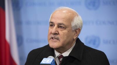 Riyad Mansour, the Palestinian envoy to the United Nations, speaks to reporters at the UN after submitting requests for accession to the body’s international conventions on January 2, 2015. Evan Schneider / United Nations / EPA