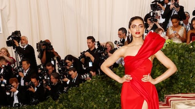 Deepika Padukone, in scarlet Prabal Gurung, arrives at the Met Gala in New York on May 7, 2018. EPA