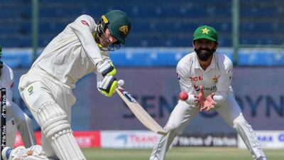 Australia's Alex Carey on his way to 93 on Day 2 of the second Test against Pakistan at the National Stadium in Karachi on Sunday, March 13, 2022. AFP