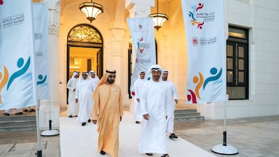 Sheikh Mohamed bin Zayed, Crown Prince of Abu Dhabi and Deputy Supreme Commander of the UAE Armed Forces (R) and Sheikh Mohamed bin Rashid, Vice-President, Prime Minister of the UAE, Ruler of Dubai and Minister of Defence (L), attend the Determination Retreat, at the Presidential Palace. Ryan Carter for the Ministry of Presidential Affairs