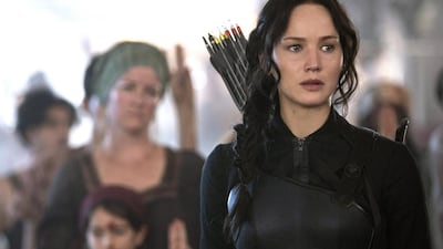 Jennifer Lawrence portrays Katniss Everdeen in a scene from the Hunger Games: Mockingjay Part 1. Lionsgate, Murray Close / AP photo