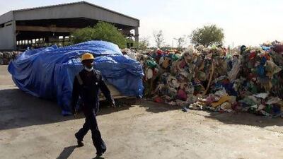 Raw material at Plastic recycling plant at Al Ain Compost plant.