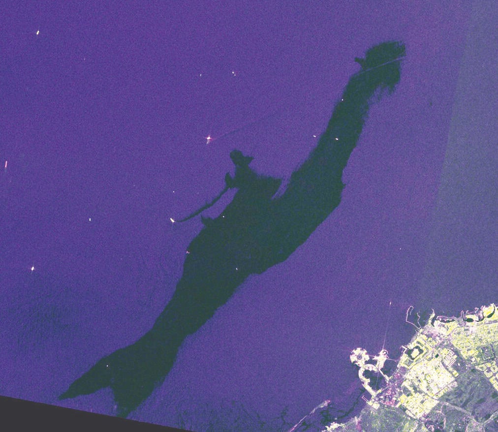 An image captured using SAR Radar on October 21 shows oil leaking from a tanker 25km off the coast of Umm Al Quwain. Photo: European Space Agency (ESA)