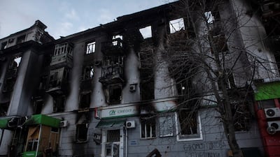 A damaged building in the frontline town of Bakhmut, in the Donetsk region, Ukraine, February 15. Reuters