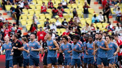 Manchester United players during training session at Rajamangala National Stadium in Bangkok. EPA