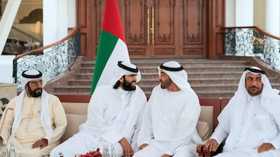 Sheikh Mohammed bin Zayed, Crown Prince of Abu Dhabi Deputy Supreme Commander of the Armed Forces, meets with Sheikh Sultan bin Suhaim Al Thani (2nd L), during a Sea Palace barza. Seen with Sheikh Tahnoon bin Mohammed, Ruler's Representative in Al Ain Region (L). Ryan Carter for the Crown Prince Court - Abu Dhabi