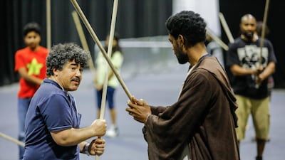 Greek-Cypriot actor Miltos Yerolemou at Comic Con's sword fighting workshop. Victor Besa for The National.