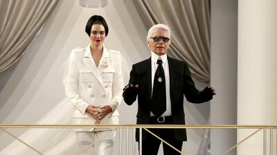 Designer Karl Lagerfeld with Kendall Jenner, who closed the Chanel autumn/winter 2015-16 haute couture show at the Grand Palais in Paris. Patrick Kovarik / AFP