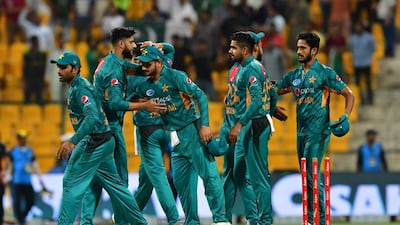 Pakistan players celebrate after beating New Zealand in the first Twenty20 match in Abu Dhabi. AFP