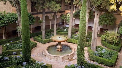 Daraxa's Garden, once also known as Garden of the Orange Trees, in the Nasrid Palaces of the Alhambra in Granada