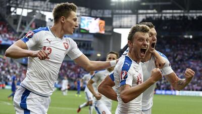 Czech Republic forward Tomas Necid, right, celebrates his late equaliser against Croatia. Philippe Desmazes / AFP