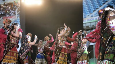 Indian cultural dances performed ahead of Rahul Gandhi's speech today at Dubai International Cricket Stadium. Reem Mohammed/The National