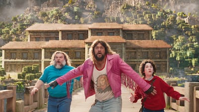 Jack Black, Jason Momoa and Sebastian Hansen in a scene from A Minecraft Movie. Photo: Warner Bros Entertainment