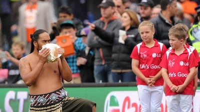 A New Zealand Maori dancer performs on the opening match of the Cricket World Cup between New Zealand and Sri Lanka at Christchurch. Ross Setford / AP Photo