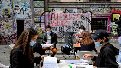 Students work in open-air to protest against distance learning in Naples, Italy. EPA