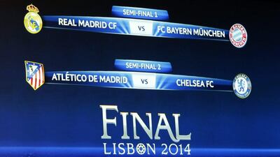 A screen shows the results of the draw for the Champions League semi-final matches on Friday. Denis Balibouse / Reuters / April 11, 2014