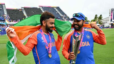 Virat Kohli, left, and Rohit Sharma retired from T20 Internationals after India's win in the T20 World Cup final. AFP