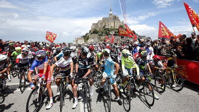 (L-R) FDJ team rider Arthur Vichot of France, Tinkoff team rider Peter Sagan of Slovakia, Team Sky rider Chris Froome of Great Britain, Astana Pro Team rider Vincenzo Nibali of Italy, Tinkoff team rider Alberto Contador of Spain and Movistar team rider Nairo Quintana of Colombia attend the 1st stage of the 103rd Tour de France cycling race over 188km between Mont Saint-Michel and Utah Beach, Normandy, France, 02 July 2016. Kim Ludbrook / EPA