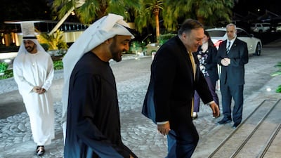 Sheikh Mohamed bin Zayed greets Mike Pompeo upon his arrival at Al Shati Palace. Andrew Caballero-Reynolds / Reuters