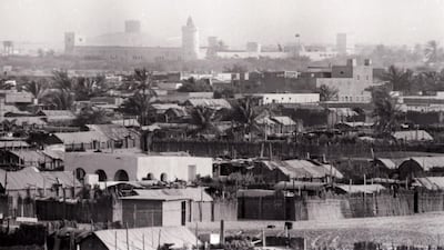The view across Abu Dhabi in 1968 as the city begins to expand rapidly. The large water storage tank, connected by a pipeline to wells in Al Ain, is visible on a hill in Khaladiya behind Qasr Al Hosn and was a major source of drinking water, along with desalination. Courtesy: Raymond Depardon