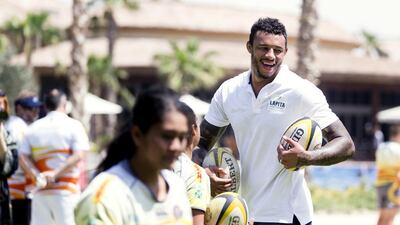 England rugby player Courtney Lawes coaches Dubai Hurricanes junior players at the Lapita Hotel, Dubai Parks on March 31, 2017. Reem Mohammed / The National