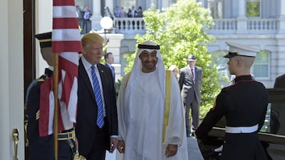 President Donald Trump welcomes Sheikh Mohammed bin Zayed, Crown Prince of Abu Dhabi and Deputy Supreme Commander of the Armed Forces, to the White House in Washington on Monday. Susan Walsh / AP Photo