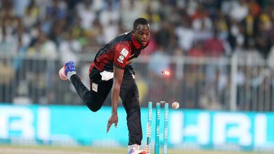 Kevon Cooper of Lahore Qalandars run out Shahid Yousuf of Peshawar Zalmi in the Pakistan Super League T20 match at Sharjah Cricket Stadium in Sharjah. Lahore Qalandars won the match by four runs. Pawan Singh / The National
