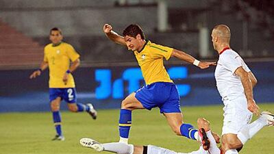 Brazil's Alexandre Pato, centre, scored his team's second goal in their 3-0 win.