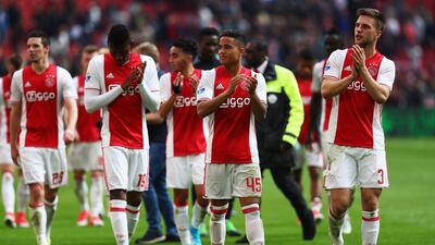 A young Justin Kluivert (No 45) and his Ajax teammates will take on Manchester United in the Europa League final, 22 years after his father Patrick scored the match-winner for the Dutch club in winning the Uefa Champions League in 1995. Dean Mouhtaropoulos / Getty Images