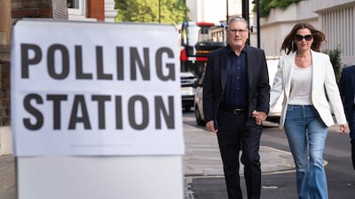 British Prime Minister and Labour leader Keir Starmer and his wife Victoria arrive to vote in the UK local elections at Westminster Chapel, central London. PA