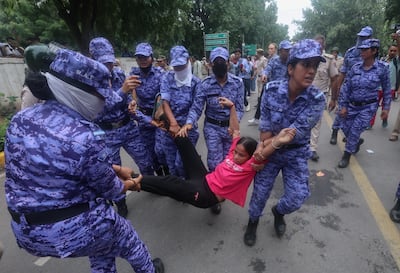 Protesters were detained during their march towards the parliament in New Delhi. EPA