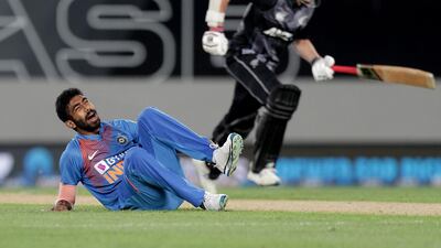 India’s Jasprit Bumrah hurt his ankle during the first T20 at Eden Park. AFP