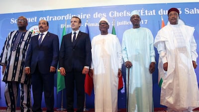 French President Emmanuel Macron at the opening session of the G5 Sahel force summit in Bamako, Mali, on Sunday July 2, 2017, with the heads of state from five nations across Africa's Sahel region. L-R Burkina-Faso president Roch Marc Christian Kabore, Mauritania president Mohamed Ould Abdel Aziz, President Macron, Mali president Ibrahim Boubacar Keita, Chad president Idriss Deby and Niger president Mahamadou Issoufou. Baba Ahmed / AP