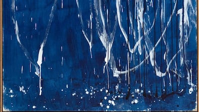 This is one of a series of nine pieces ‘(Untitled I-IX)’ by American painter Cy Twombly, from 2008. Painted in white on blue, the canvas depicts an almost abstract form of musical expression that has blurred the lines between drawing and writing. DCT Abu Dhabi / Agence PhotoF / Cy Twombly Foundation