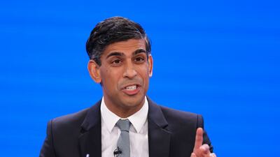 UK Prime Minster Rishi Sunak delivers a speech during the Conservative Party conference in Manchester. Bloomberg