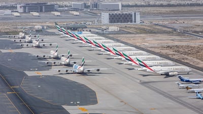 Emirates airlines passenger planes on the tarmac at Al Maktoum International Airport in Dubai, United Arab Emirates. Bloomberg