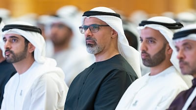 Sheikh Khaled bin Mohamed, Crown Prince of Abu Dhabi, attends the national session to mark the fourth anniversary of the Day of Solidarity at Qasr Al Watan