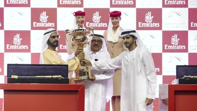Sheikh Mohammed bin Rashid, Sheikh Hamdan bin Rashid and Sheikh Hamdan bin Mohammed at the 2019 Dubai World Cup. Chris Whiteoak / The National