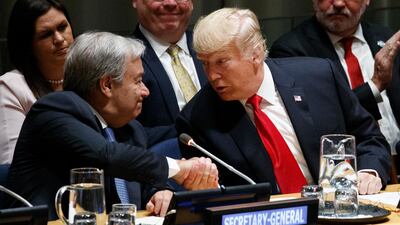 United Nations Secretary General Antonio Guterres shakes hands with President Donald Trump during the "Global Call to Action on the World Drug Problem" at the United Nations General Assembly. AP