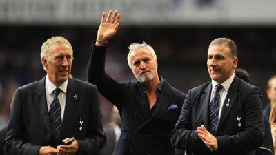 From left: Martin Chivers, David Ginola and Mark Falco walk on the pitch during the closing ceremony after the Premier League match between Tottenham Hotspur and Manchester United at White Hart Lane on May 14, 2017 in London, England. Tottenham Hotspur played their last home match at White Hart Lane after their 112-year stay at the stadium. Spurs will play at Wembley Stadium next season with a move to a newly built stadium for the 2018/19 campaign. Richard Heathcote / Getty Images