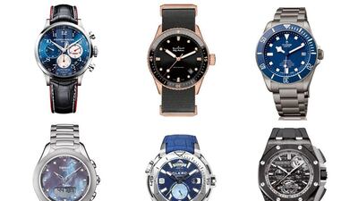 SPORTS - What makes a good sport watch is very different: wearability, durability, and legibility are the real keys. Clockwise from top left: Baume & Mercier Shelby Cobra, Blancpain Fifty Fathoms Bathyscaphe, Tudor Pelagos, Audemars Piguet Royal Oak Offshore Selfwinding Tourbillon Chronograph, Clerc Hydroscaph GMT Power-Reserve Chronometer and Tissot T-Touch Solaire Dame. Courtesy GPHG