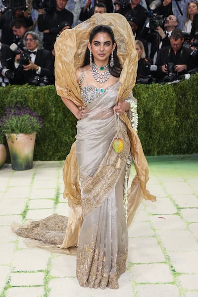 Indian businesswoman Isha Ambani championed Indian heritage in a gold sari and a blouse smothered in diamonds. EPA