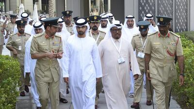 Sheikh Mansoor bin Mohammed inaugurates two-day Unmanned Aerial System Forum in Dubai. Seen with Lt Gen Dhahi Khalfan, head of general secrity for Dubai, and Maj Gen Abdullah Al Marri, commander-in-chief of Dubai Police. Dubai Police